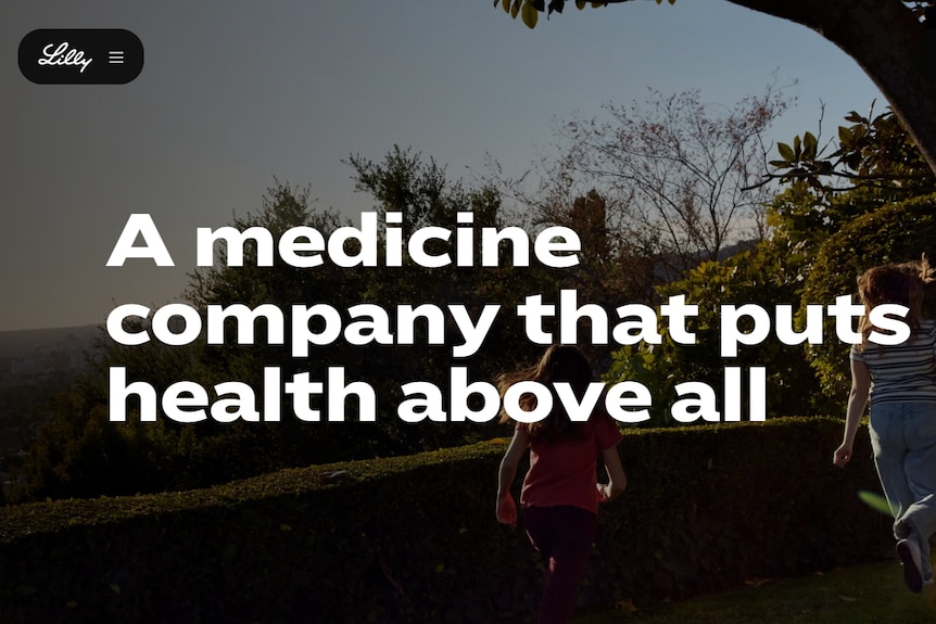 A screenshot of the Eli Lilly website that says 'a medicine company that puts health above all'