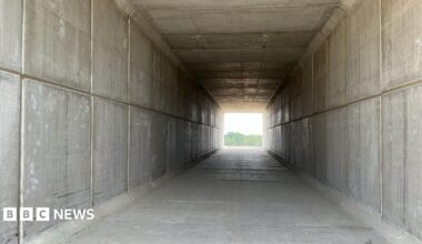 A long concrete tunnel with the opening at the far end leading towards a field and trees.