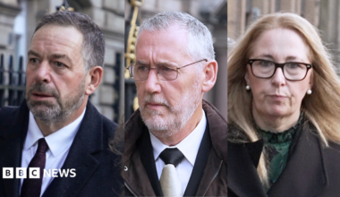 A split image of three individuals. From the left, there is a man with short brown hair and a short beard, wearing a shirt and tie and black wool coat. In the centre is a man with white hair and white beard, wearing a shirt and tie and brown jacket. On the right is a woman with long strawberry blonde hair and a green top and jacket.