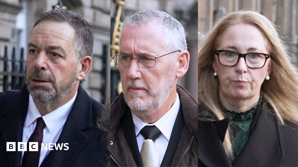 A split image of three individuals. From the left, there is a man with short brown hair and a short beard, wearing a shirt and tie and black wool coat. In the centre is a man with white hair and white beard, wearing a shirt and tie and brown jacket. On the right is a woman with long strawberry blonde hair and a green top and jacket.