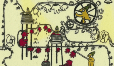 a gif of a moving factory line for making red gloves from the animation