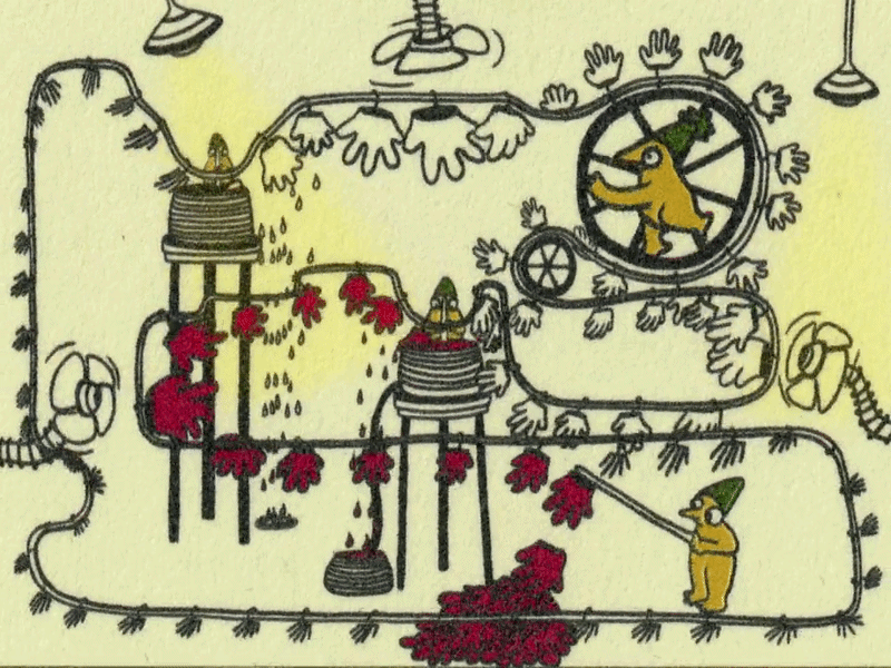 a gif of a moving factory line for making red gloves from the animation