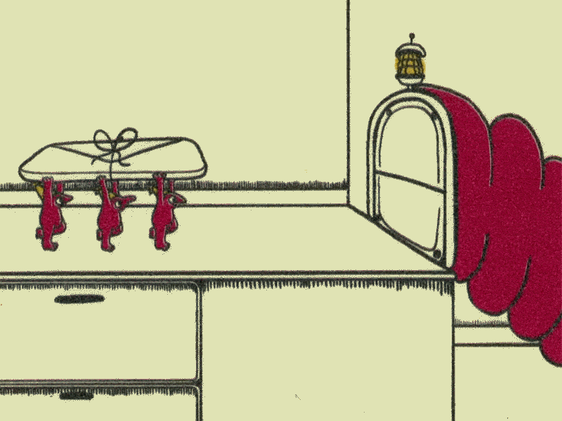a gif of 3 factory worker creatures carrying a large tied up package to a chute, from the animation