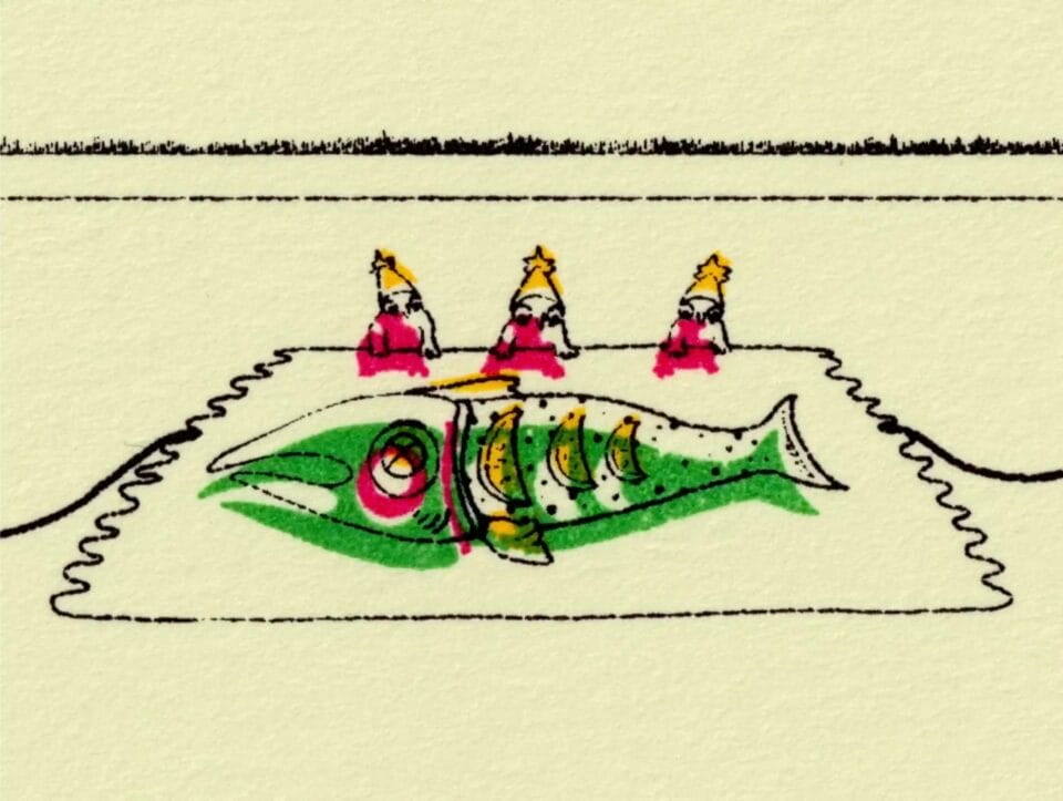 three factory worker creatures folding up a fish in paper, from the animation