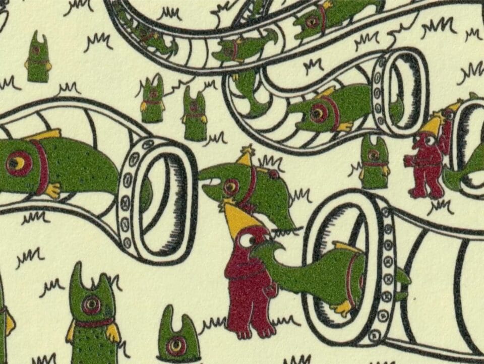 factory workers feeding green fish into curved pipes, from the animation