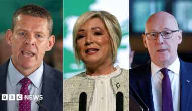 The image is made up of three photographs. The left-hand photo shows Rhun ap Iorwerth. The centre image shows Michelle O'Neill. The right-hand image is of John Swinney. All three are speaking from a podium.