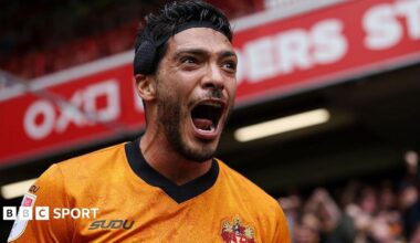 Raul Jimenez celebrates scoring for Wolverhampton Wanderers against Sheffield United at Bramall Lane on Sunday 13 September 2026