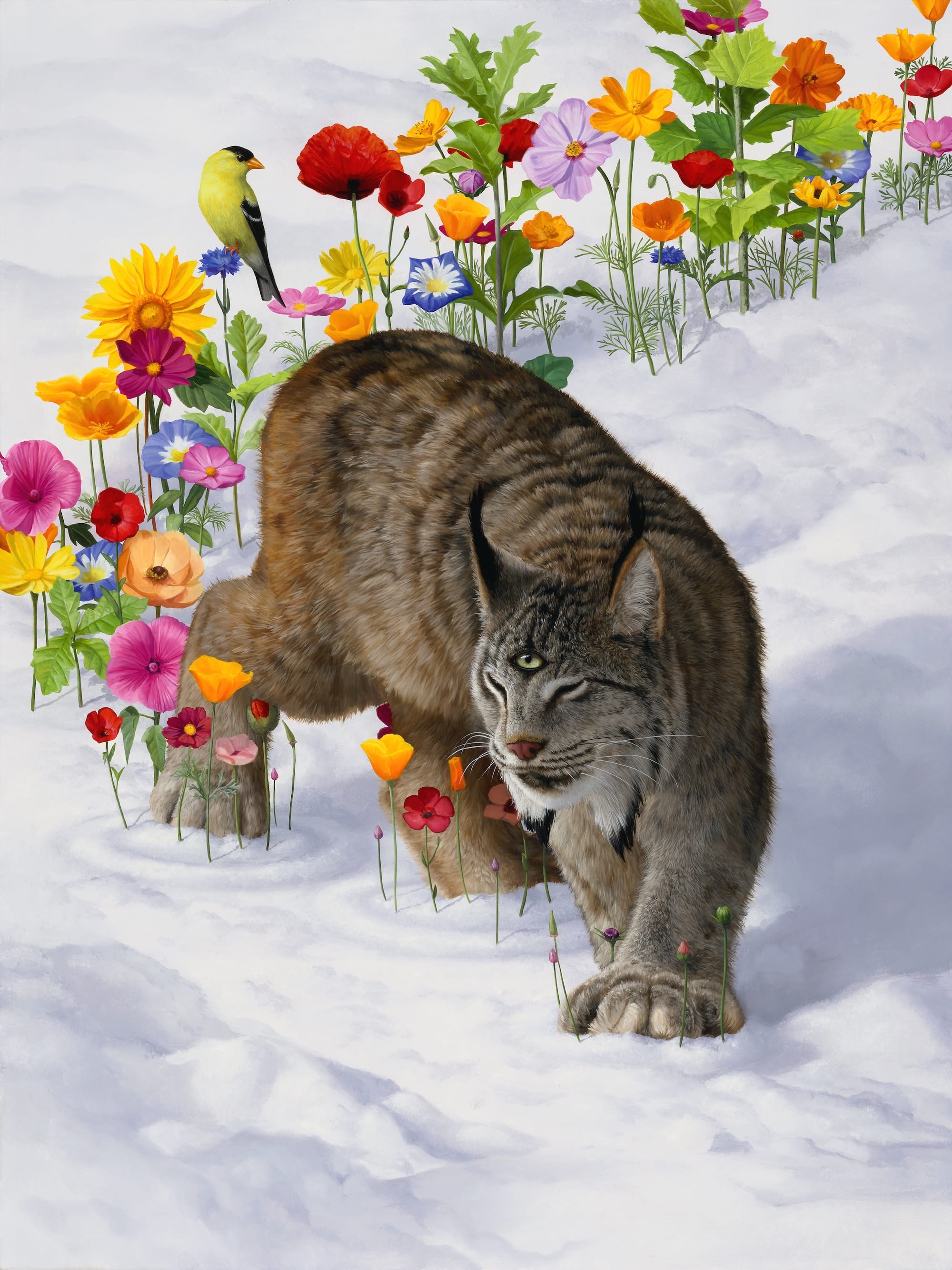 a fantastical painting of a mountain lion walking along a snowy hillside, trailing fresh, vibrant flowers in its path