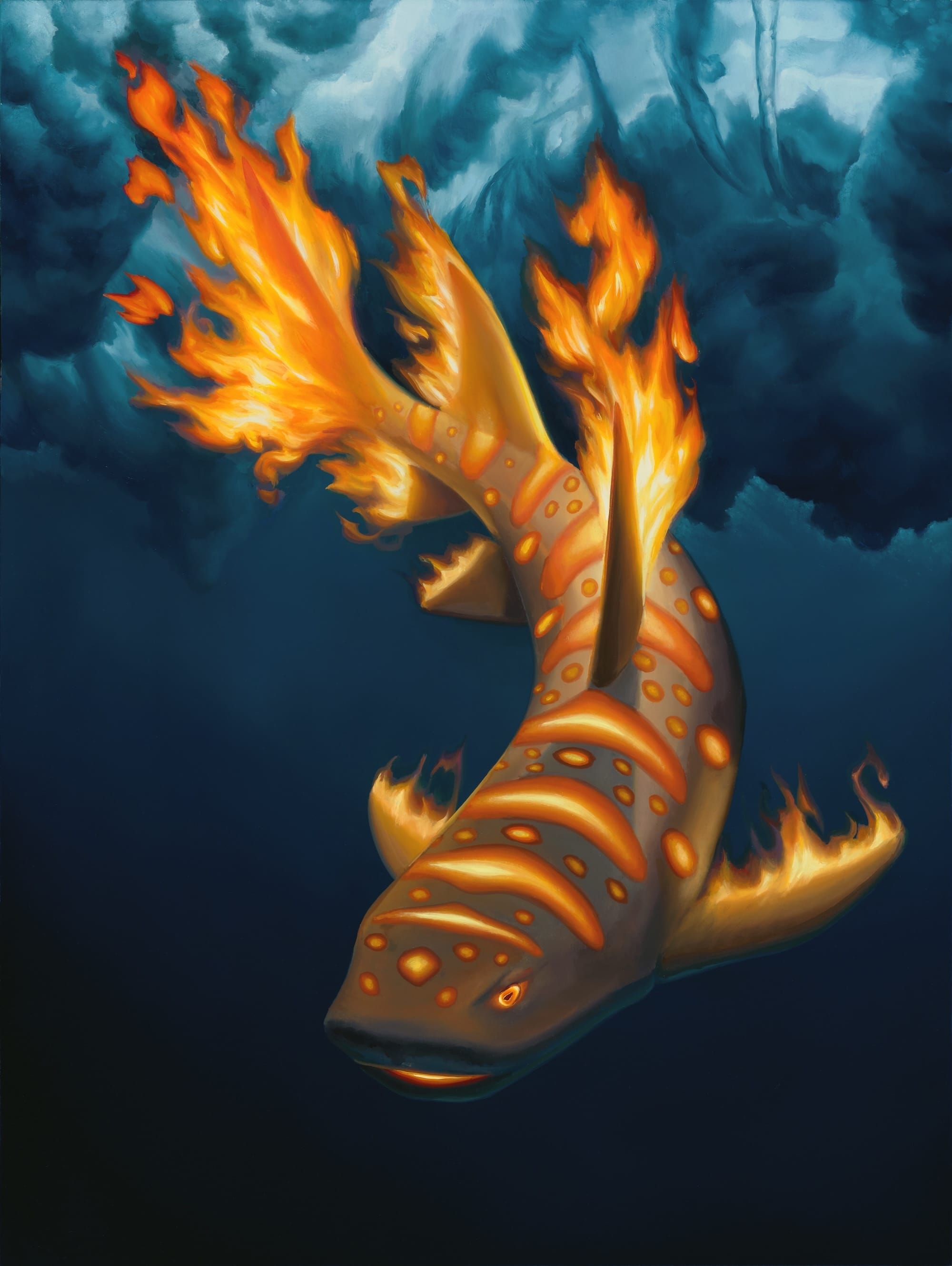 a fantastical painting of a koi fish made of flames