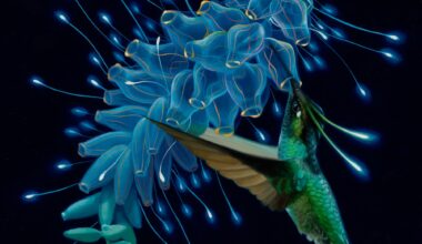 a fantastical painting of a hummingbird getting nectar from a blue plant or creature that resembles an underwater organism