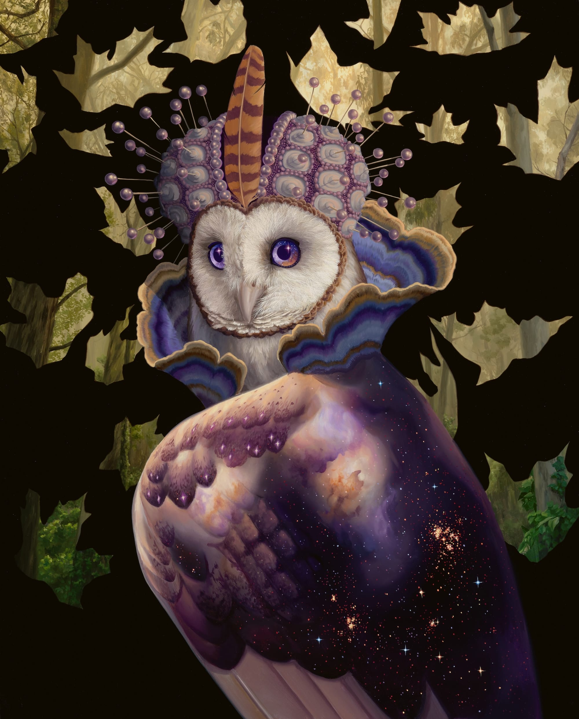 a fantastical painting of an owl posed in a portrait with ornate garb