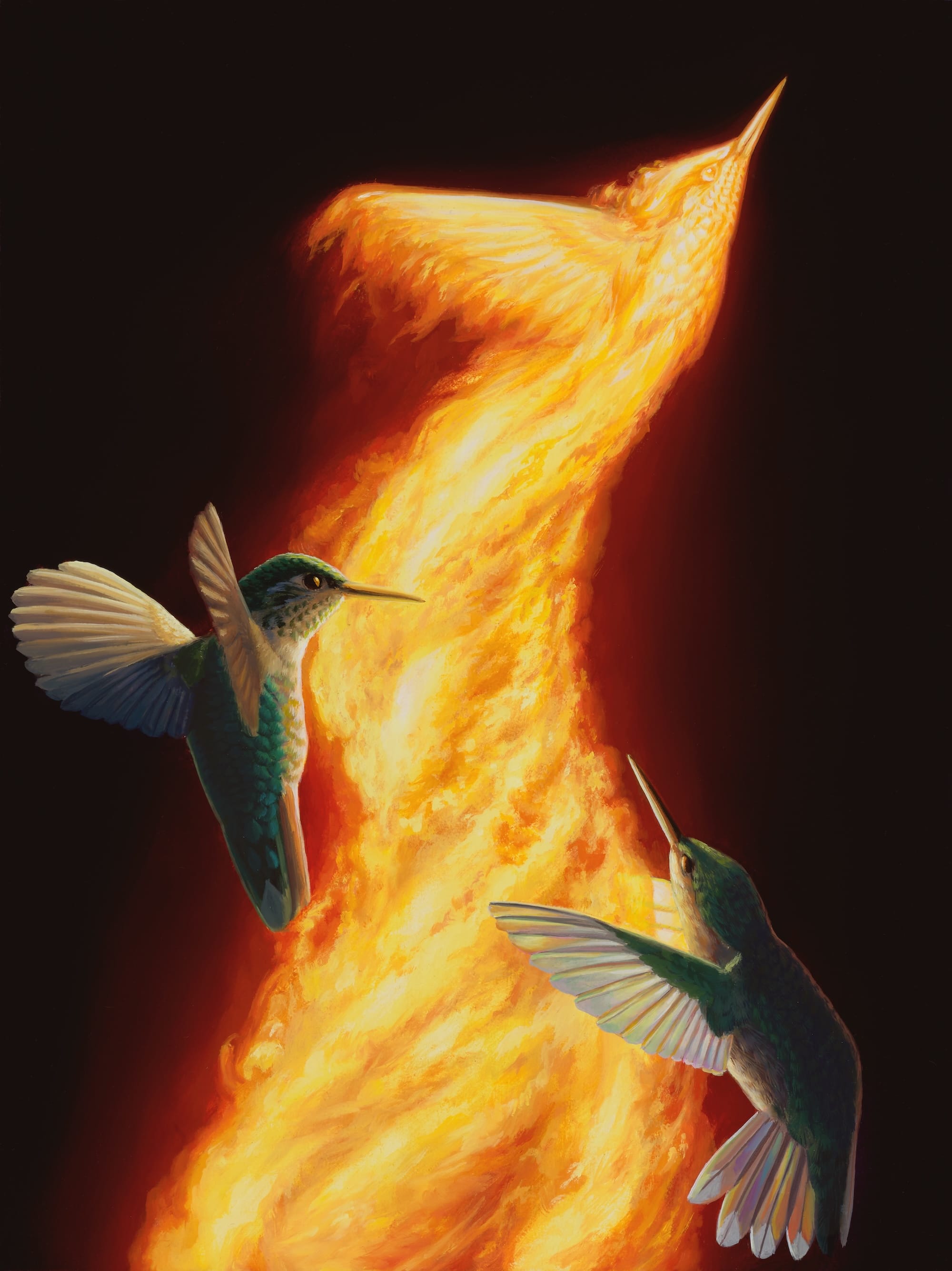 a fantastical painting of two hummingbirds flying on either side of a huge flame that also takes the shape of a hummingbird in flight