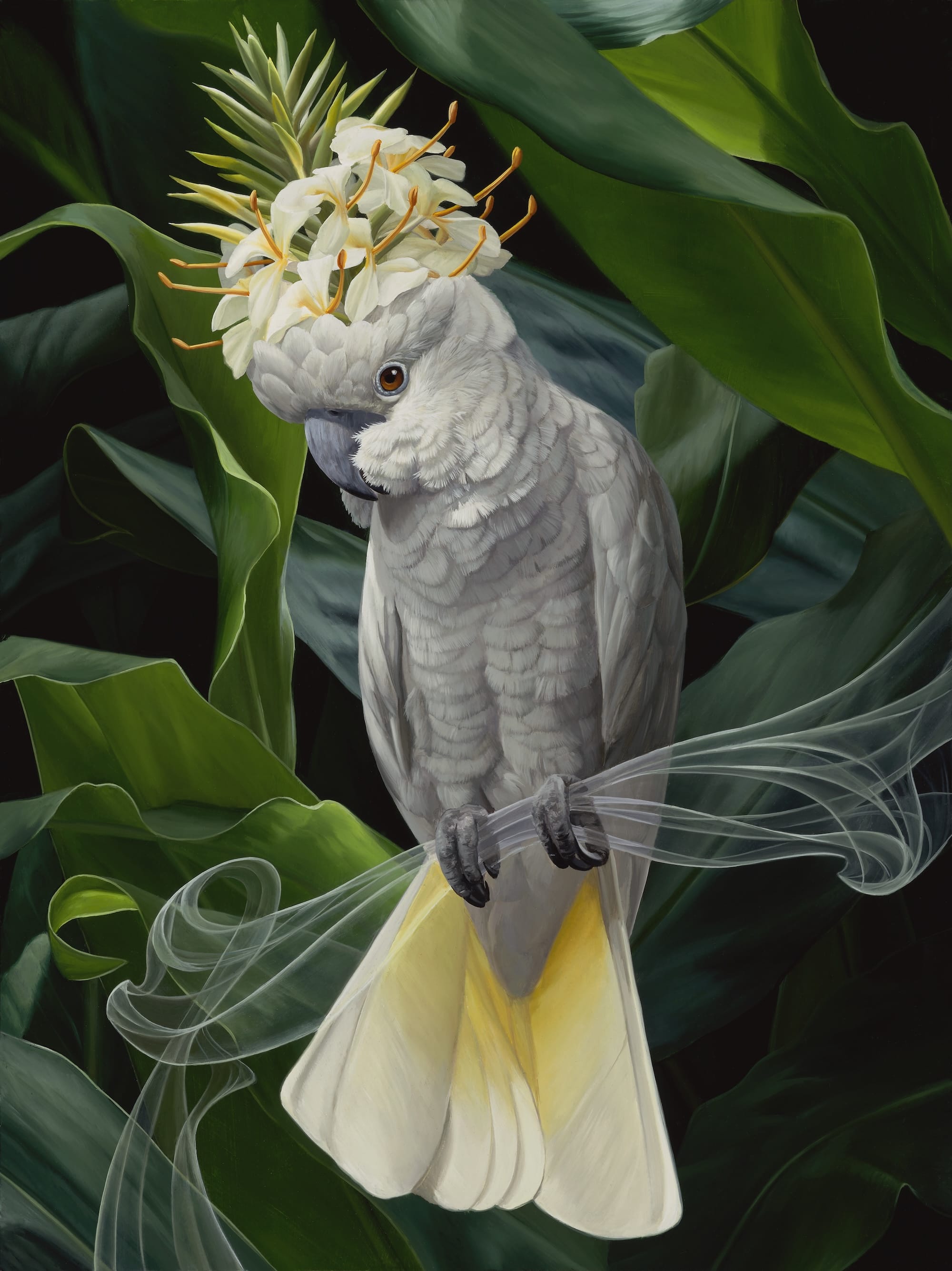 a fantastical painting of a cockatoo with a flower on its head