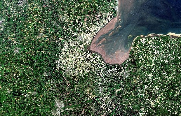 Satellite image of eastern England where the volcano is buried.