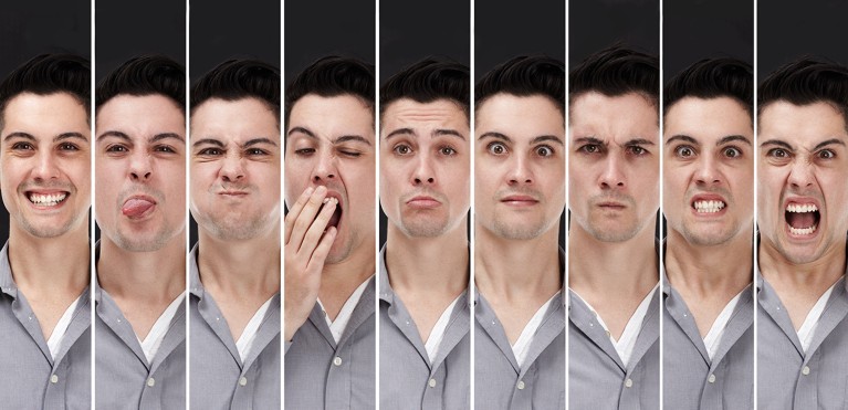 Composite image of a young man displaying different personalities through facial expressions.