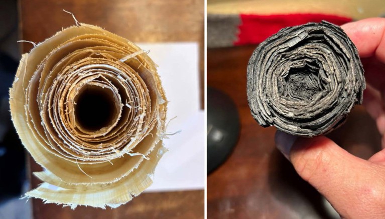 Side by side views showing the rolled up scroll before and after burning.