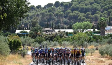 CORDOBA, SPAIN - SEPTEMBER 06: A general view of the peloton competing during the La Vuelta - 81st Tour of Spain 2026, Stage 15 a 110.2km stage from Palma del Rio to Cordoba / #UCIWT / Stage shortened due to extreme temperature weather alert / on September 06, 2026 in Cordoba, Spain. (Photo by Tim de Waele/Getty Images)