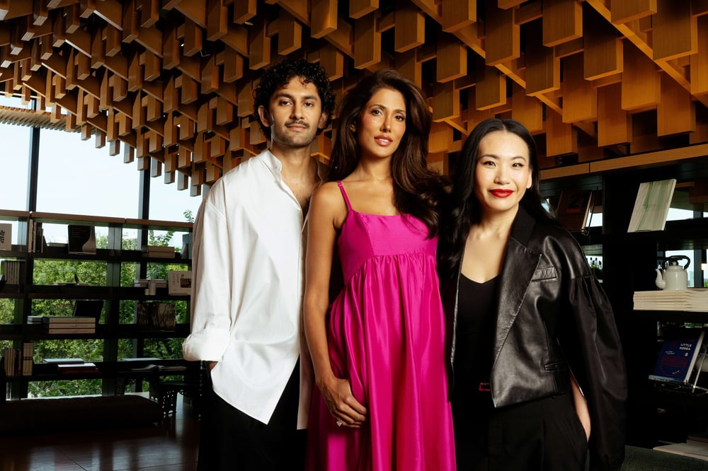(Left to right) 2026 CFDA | Genesis House AAPI Design + Innovation Grant recipients Saber Ahmed, Azeeza Khan and Shao Yang at Genesis House in New York City