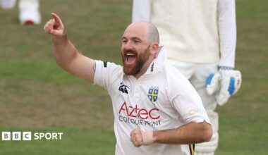 A celebrating Ben Raine celebrates bowling Jake Libby on the final day of Durham's County Championship Division Two match against Worcestershire at the Riverside, Chester-le-Street (18 September2026)