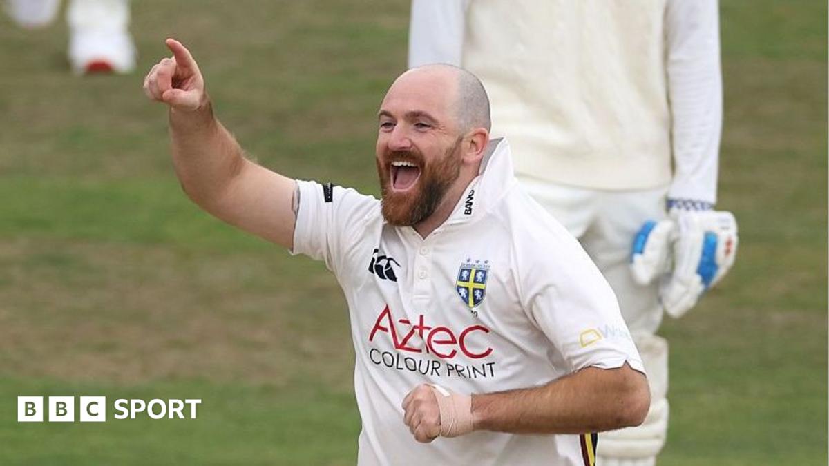 A celebrating Ben Raine celebrates bowling Jake Libby on the final day of Durham's County Championship Division Two match against Worcestershire at the Riverside, Chester-le-Street (18 September2026)