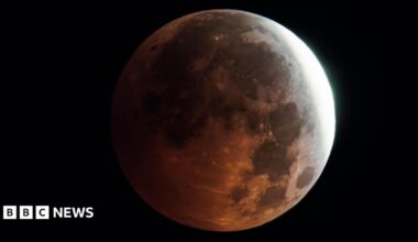 The image shows a clear shot of a full moon during a lunar eclipse with an empty sky behind it.