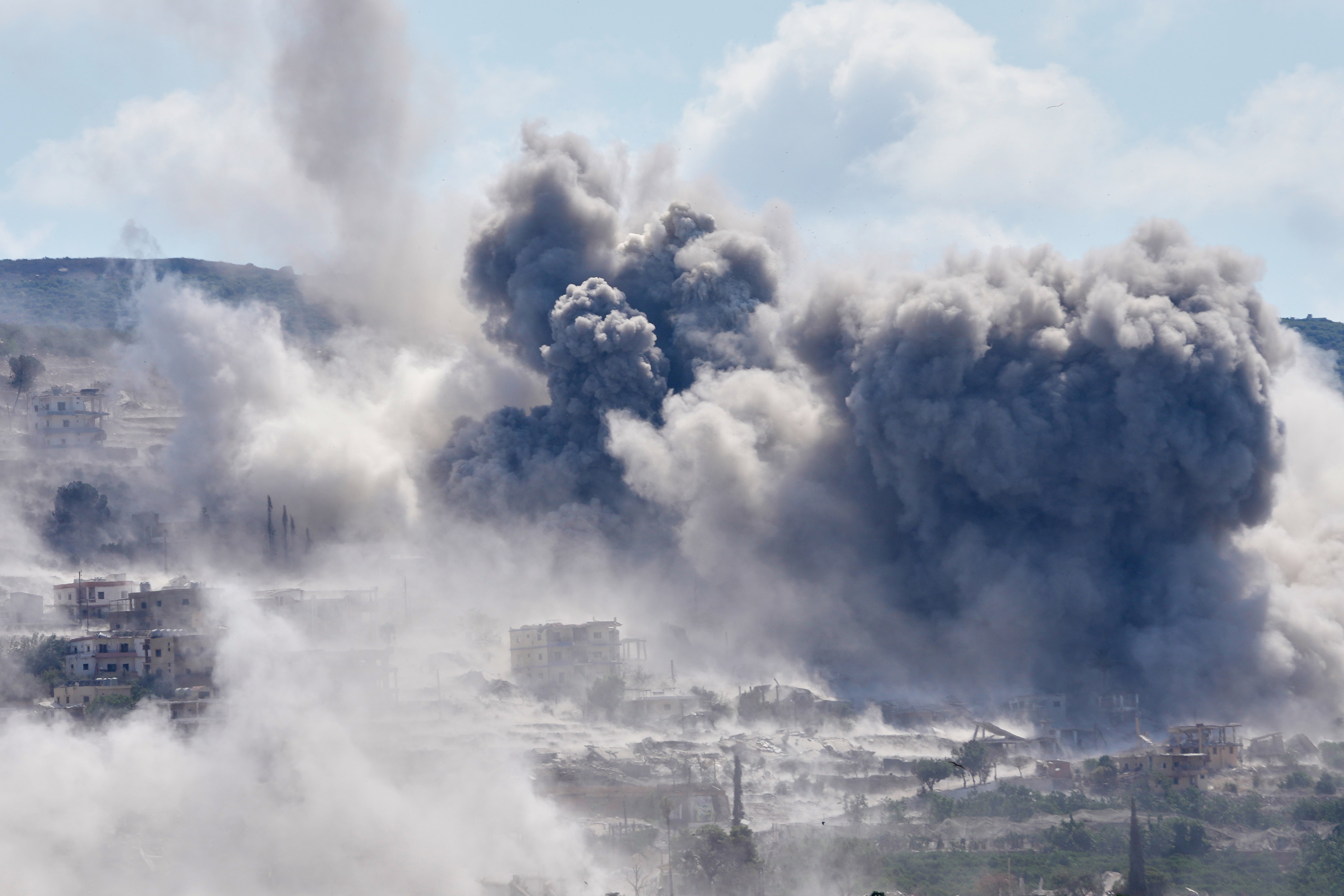 Smoke billow from an Israeli-controlled detonation in the village of Mansouri, as is seen from Hanniyeh village, southern Lebanon, Friday, 11 September 2026