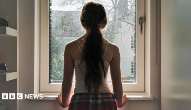 A young girl with a ponytail staring out of a window, seen from behind