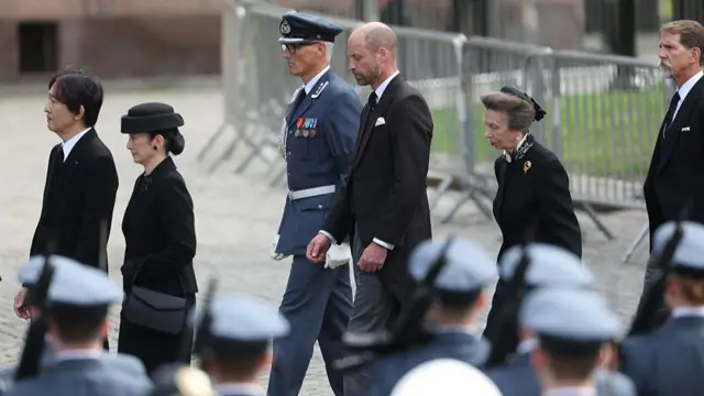 NORWAY-ROYALS-FUNERAL Fumihito, Crown Prince of Japan (L), Kiko, Crown Princess of Japan (2nd L), Britain's Prince William, Prince of Wales (2nd L) and Britain's Princess Anne, Princess Royal (R) arrive at the church