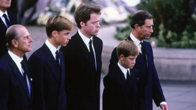 William, Earl Spencer, Harry, and Charles pictured at Diana's funeral
