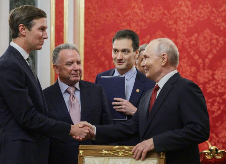 Russian President Vladimir Putin (R) welcomes Trump's son-in-law Jared Kushner (L) and US Presidential Envoy Steve Witkoff (2-L) during their meeting at the Kremlin in Moscow, Russia, 05 September 2026. [Gavriil Grigorov Sputnik/Kremlin/EPA]