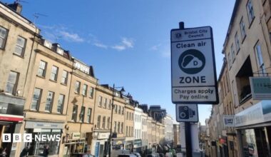 A clean air zone sign on Park Street in central Bristol