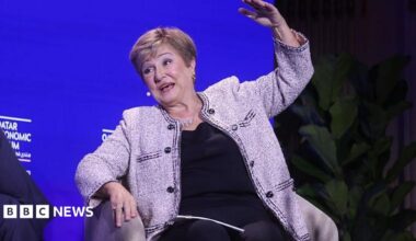Kristalina Georgieva, managing director of the IMF, speaking during the Qatar Economic Forum in New York, US, this month. She sitting down in a chair explaining her answer to a question as she raises her left arm above her head.