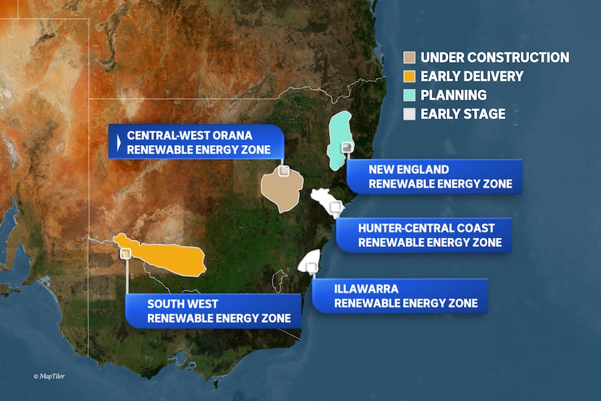 A map indicating the locations of renewable energy zones in NSW.