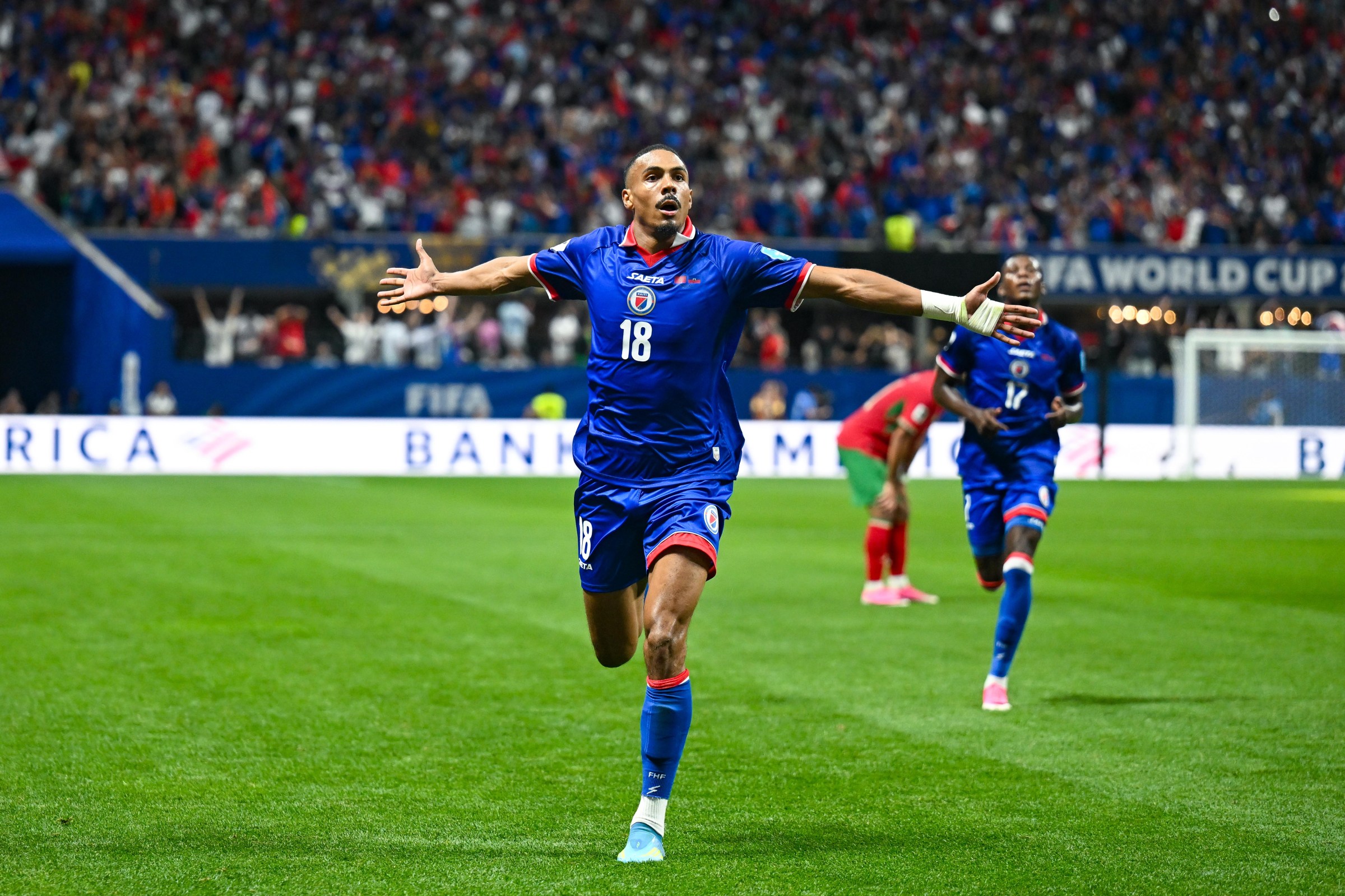 ATLANTA, GA - JUNE 24: Wilson Isidor #18 of Haiti celebrates after scoring a first-half goal during the FIFA World Cup 2026 Group C match between Morocco and Haiti on June 24th, 2026 at Atlanta Stadium in Atlanta, GA. (Photo by Rich von Biberstein/Icon Sportswire via Getty Images)