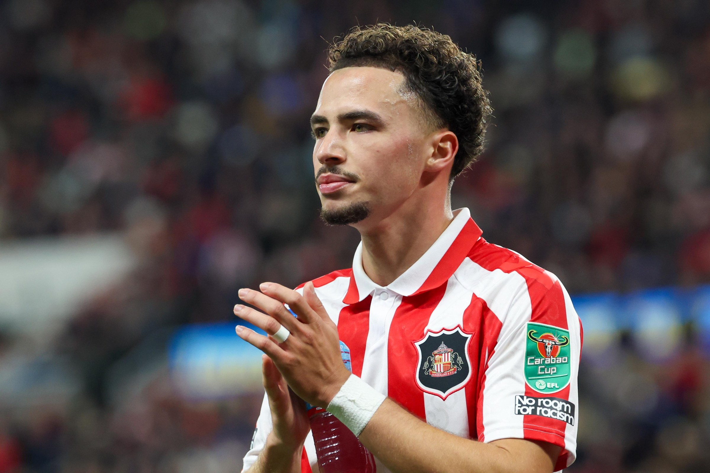 SUNDERLAND, ENGLAND- SEPTEMBER 08: Chemsdine Talbi of Sunderland applauds the fans after being substituted during the Carabao Cup third round match between Sunderland and Hull City at the Stadium of Light on September 08, 2026 in Sunderland, England. (Photo by Ian Horrocks/Sunderland AFC via Getty Images)