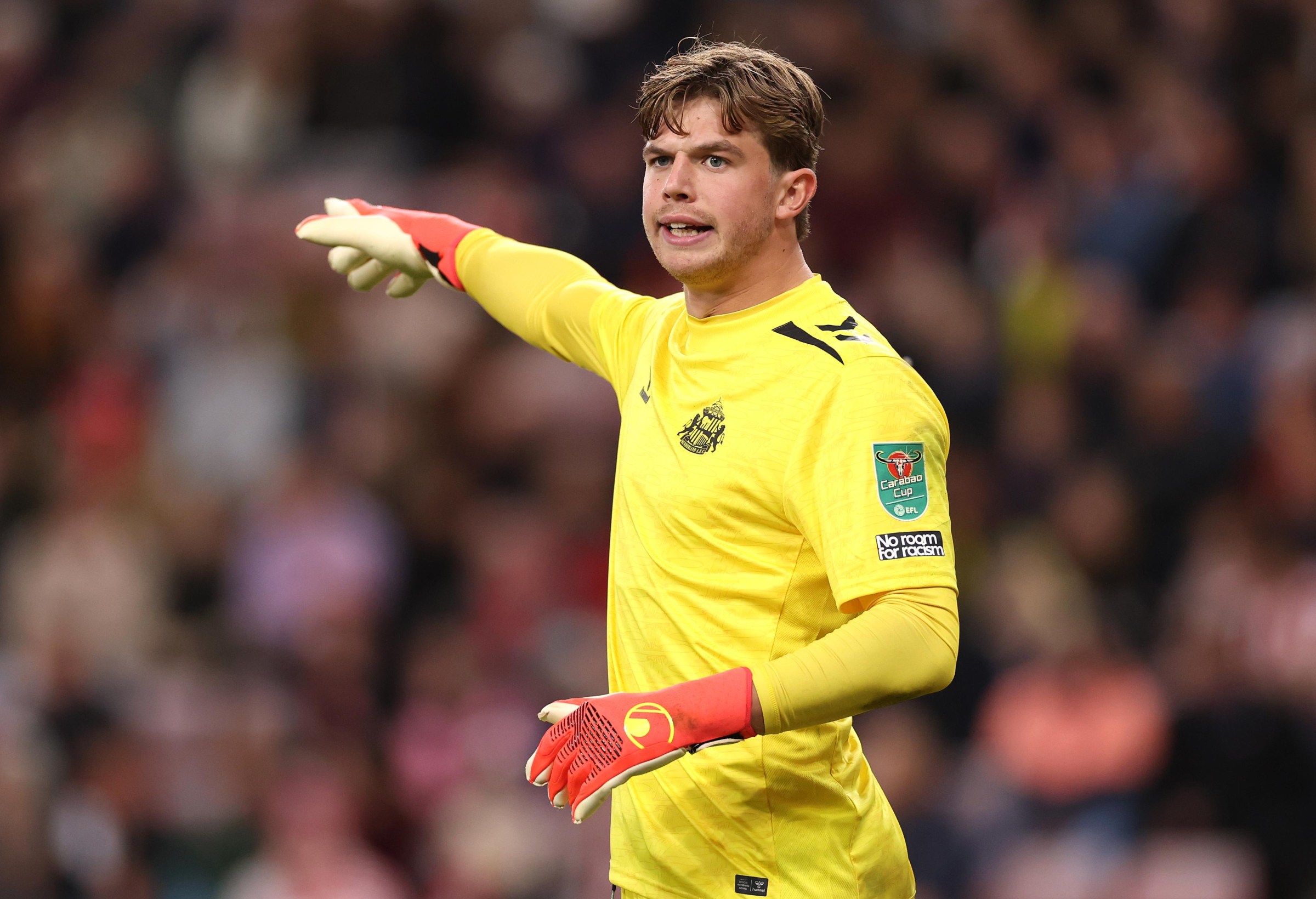SUNDERLAND, ENGLAND - SEPTEMBER 08: Sunderland goalkeeper Melker Ellborg reacts during the Carabao Cup Third Round match between Sunderland and Hull City at Stadium of Light on September 08, 2026 in Sunderland, England. (Photo by Stu Forster/Getty Images)