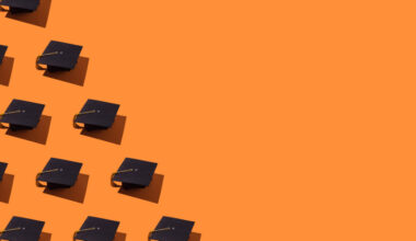 Pattern of black graduation caps with gold tassel with hard shadow, on the left side, on orange background