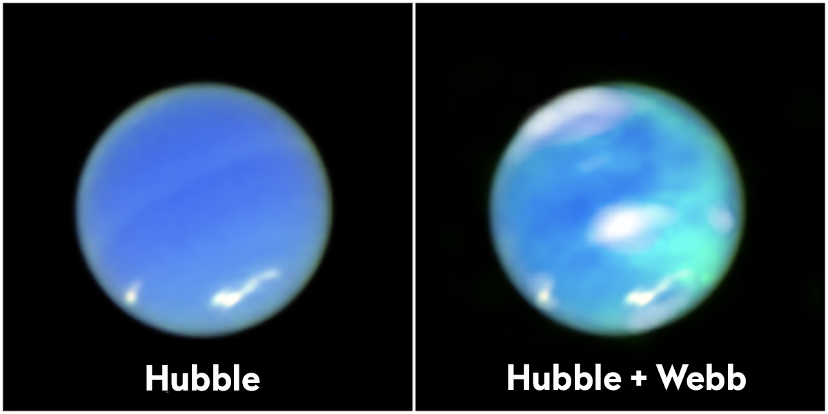 Two images of Neptune. Left is an image captured by the Hubble Space Telescope. Right is the Hubble image with James Webb Space Telescope data overlaid. Webb's data shows aurora on Neptune, seen as cyan splotches. Credit: NASA, ESA, CSA, STScI, Heidi Hammel (AURA), Henrik Melin (Northumbria University), Leigh Fletcher (University of Leicester), Stefanie Milam (NASA-GSFC)