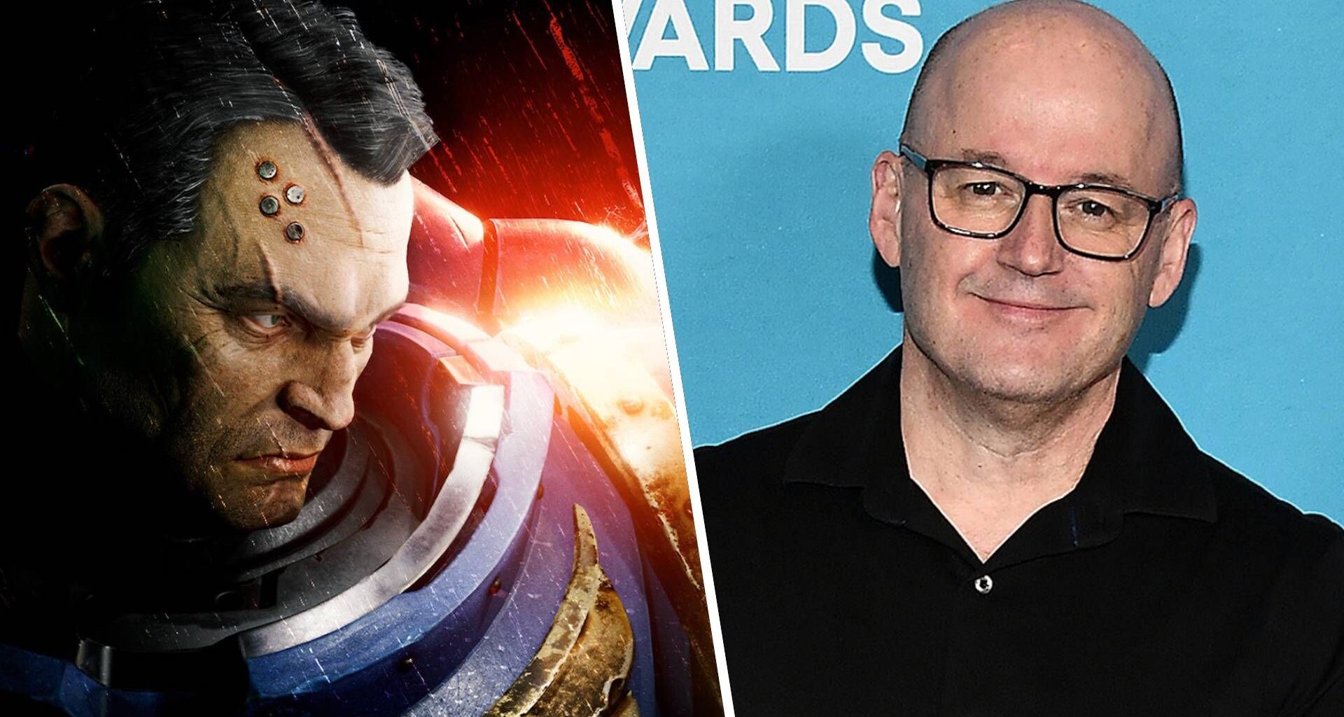Left: Space Marine protagonist Titus looking angry and emerging out of darkness. Right: LOS ANGELES, CALIFORNIA - DECEMBER 11: Tim Willits attends The Game Awards 2025 at the Peacock Theater on December 11, 2025 in Los Angeles, California. (Photo by Scott Kirkland/Frank Micelotta/The Game Awards via Getty Images)