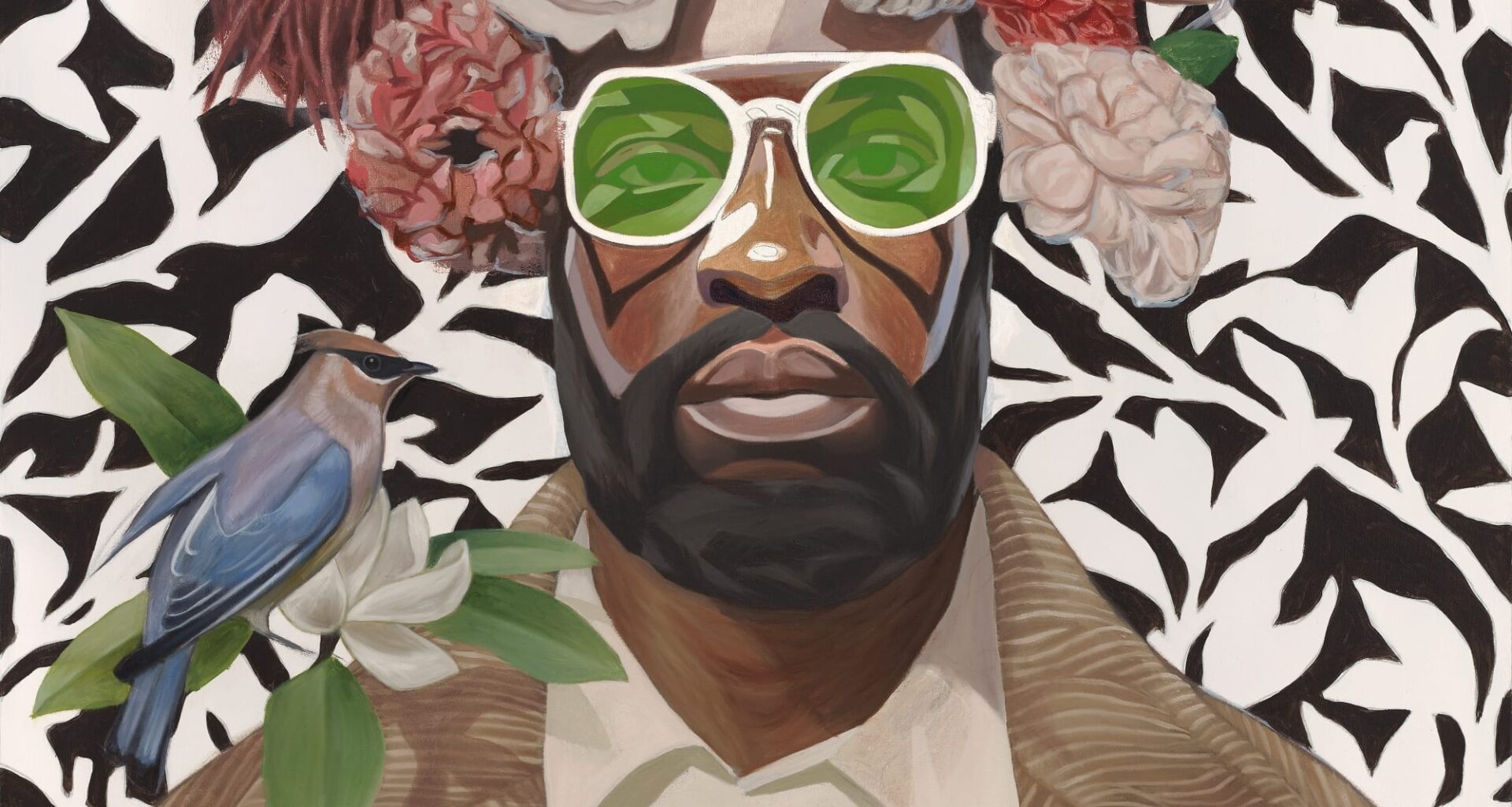 an oil painting by Ronald Jackson of an imagined black man wearing a flower crown, green-lensed glasses, and a bird on his shoulder