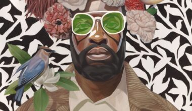 an oil painting by Ronald Jackson of an imagined black man wearing a flower crown, green-lensed glasses, and a bird on his shoulder