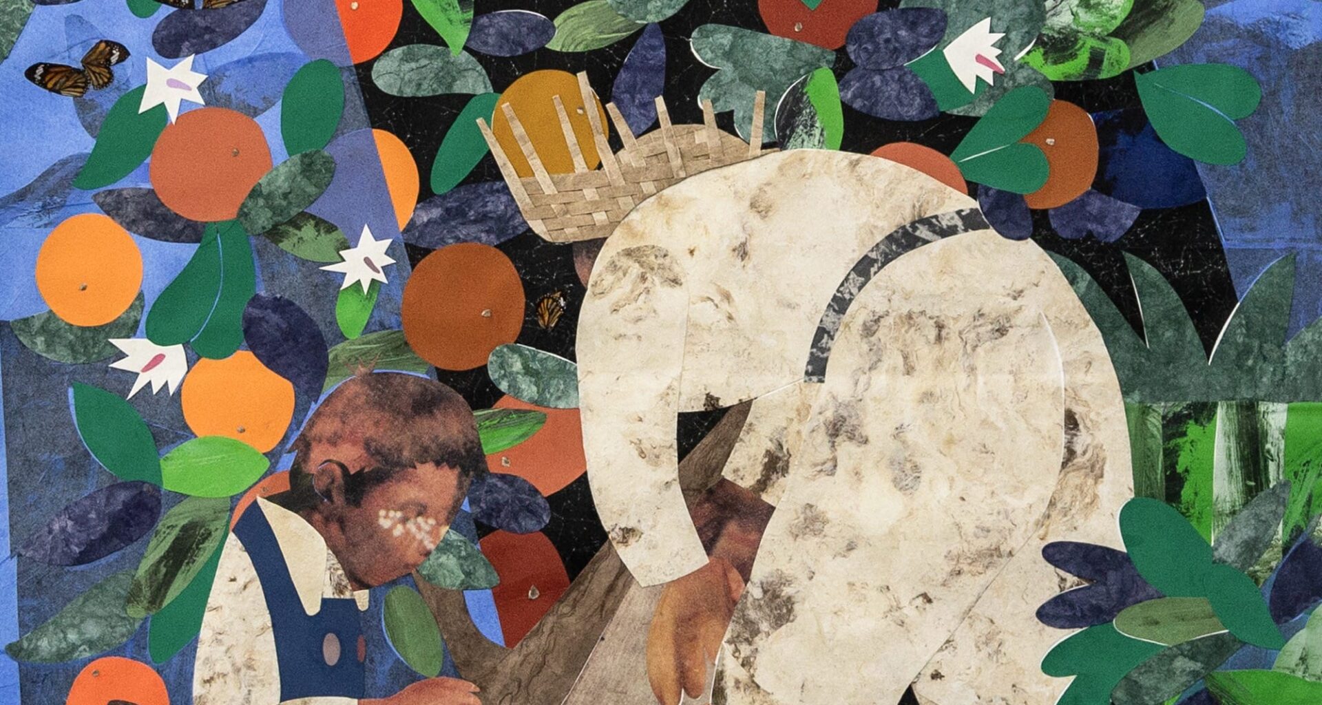 a collage by clotilde jimenez of a child and adult harvesting oranges