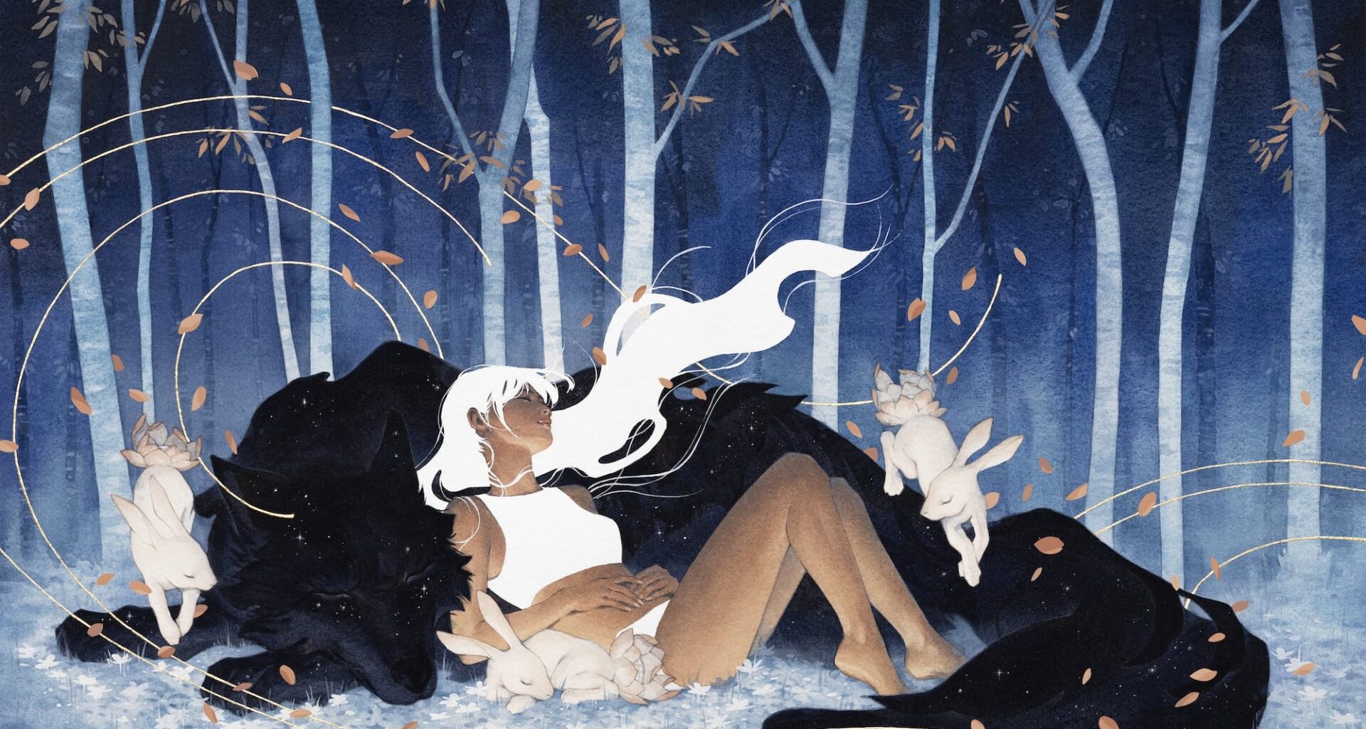 a fantastical painting by kelogsloops of a young woman with long white hair nestled into the shoulder of a giant relaxing black wolf in woods