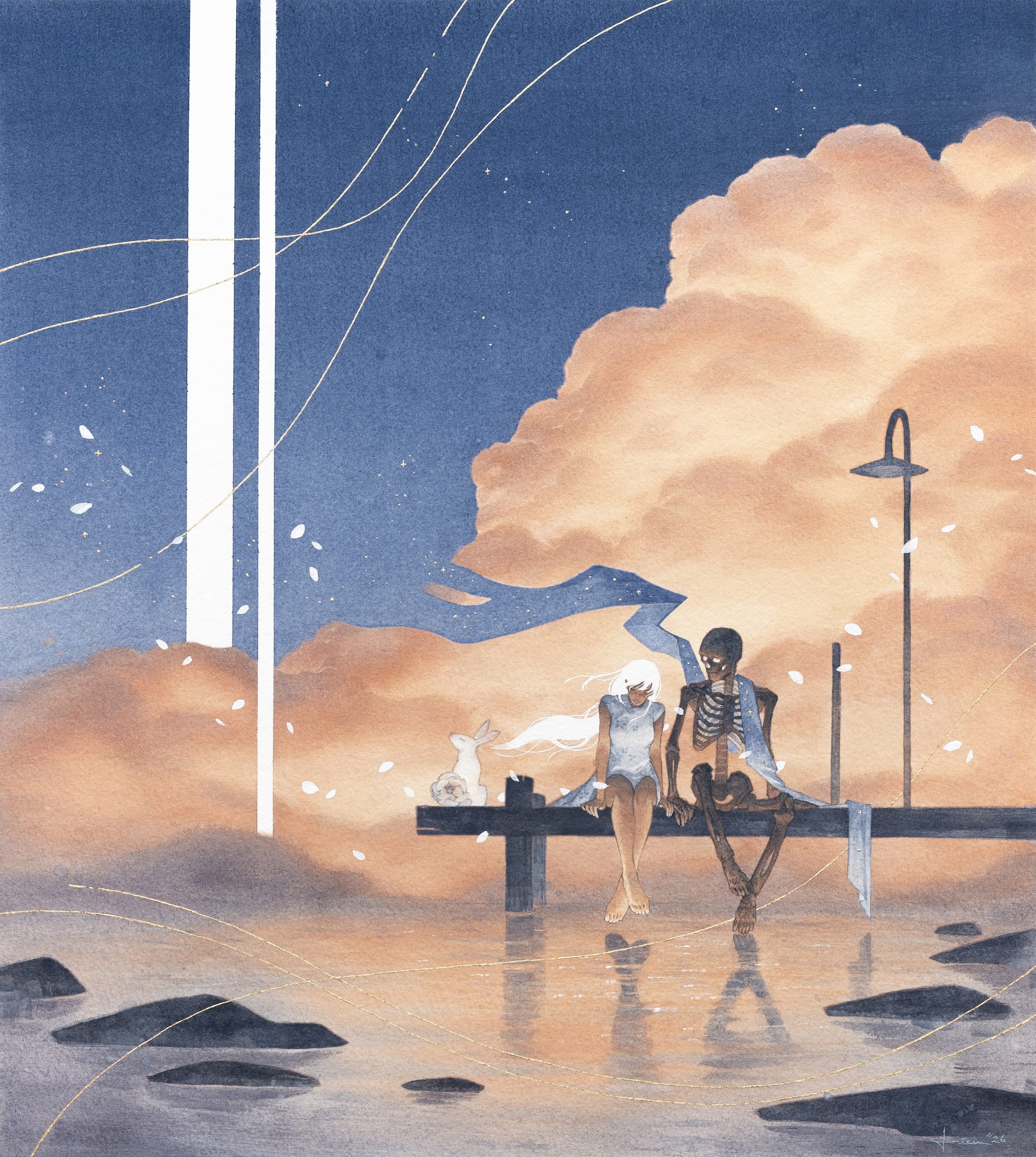 a fantastical painting by kelogsloops of a young woman with long white hair seated beside a human skeleton on a pier with huge clouds behind them