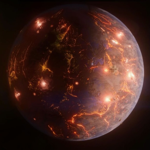 Artist's concept of a round, red-colored world with bright spots - volcanic eruptions - on its surface.