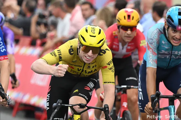 Matthew Brennan crosses the line at the 2026 Vuelta a Espana