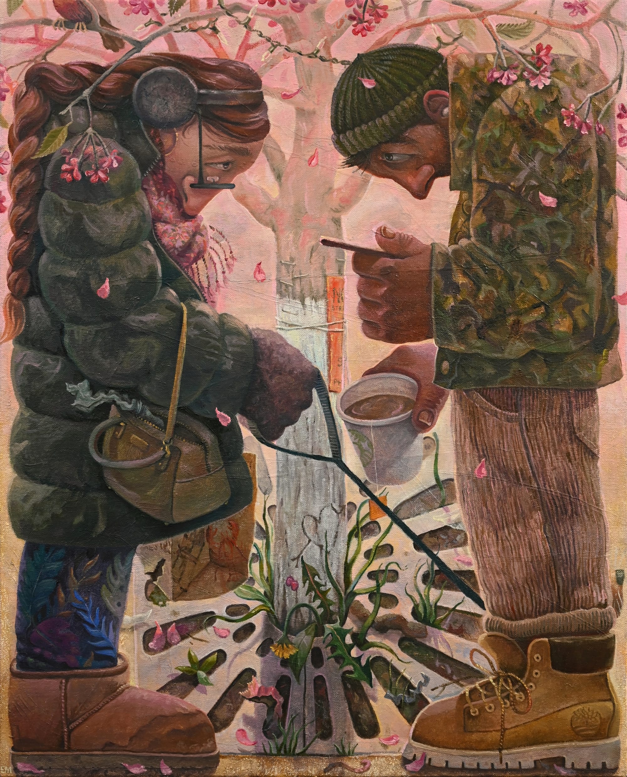 a painting by Erin Milez of two people standing side by side next to a tree in the city