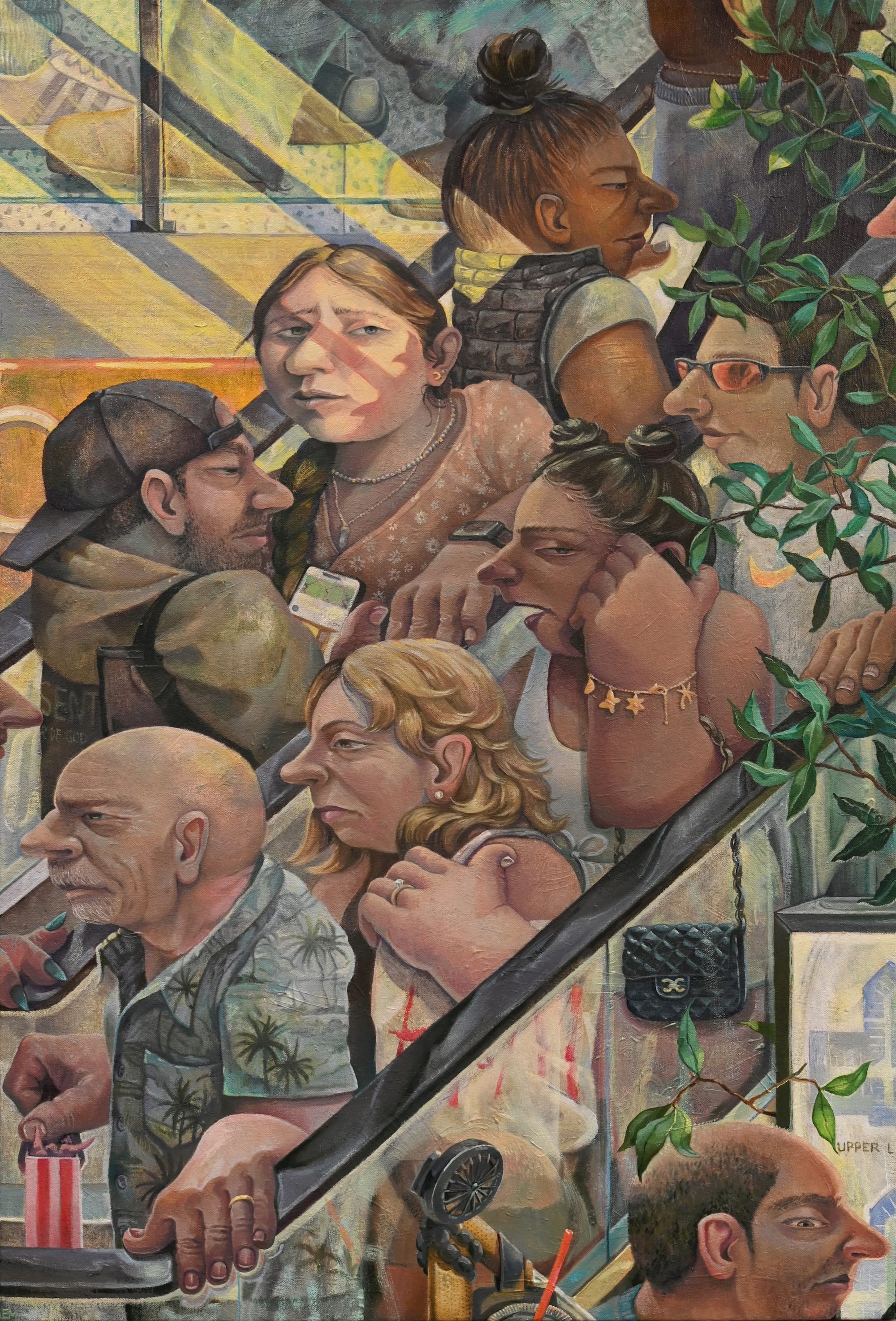 a painting by Erin Milez of people on escalators