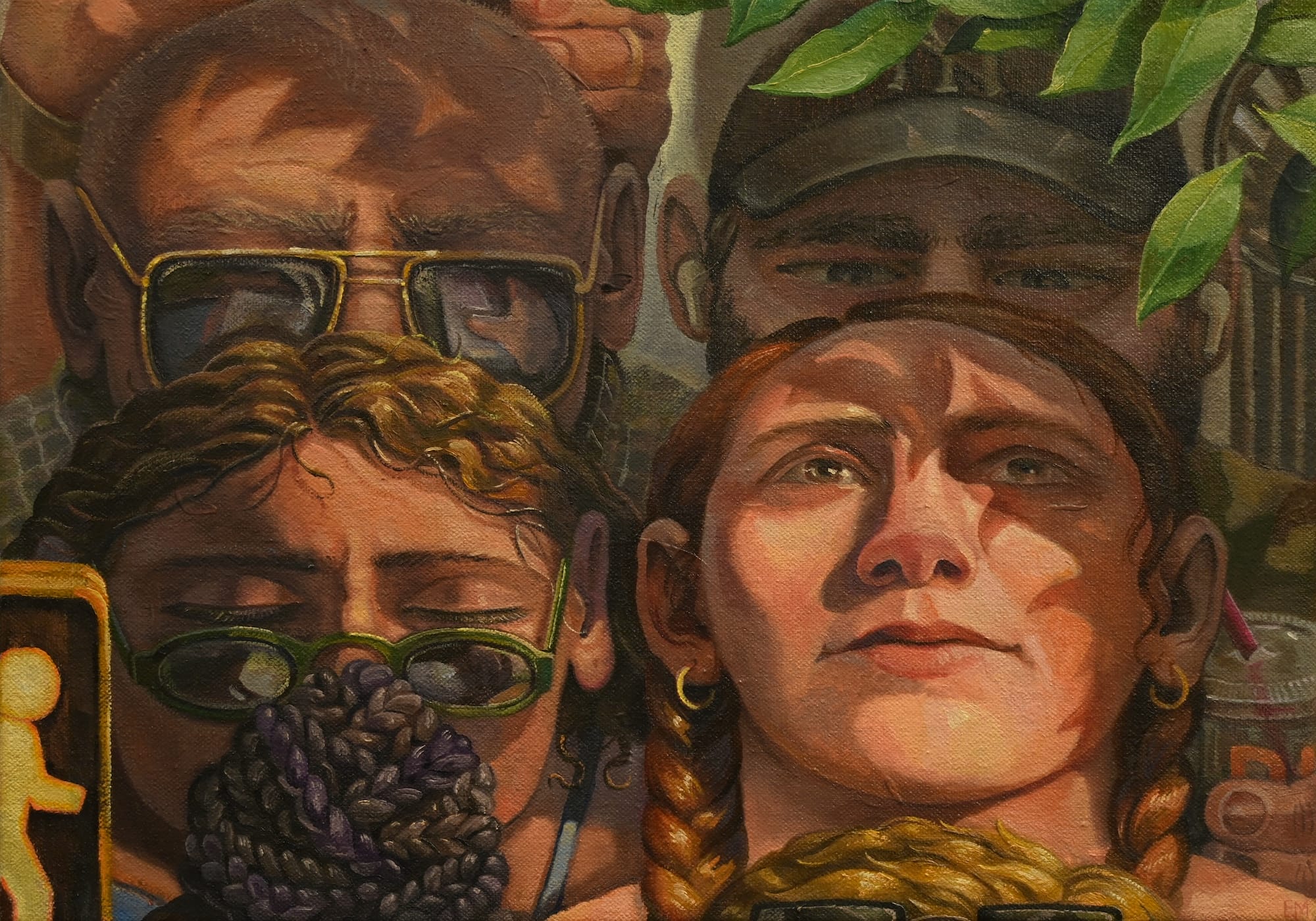 a painting by Erin Milez of faces partly covered in shadows, looking up