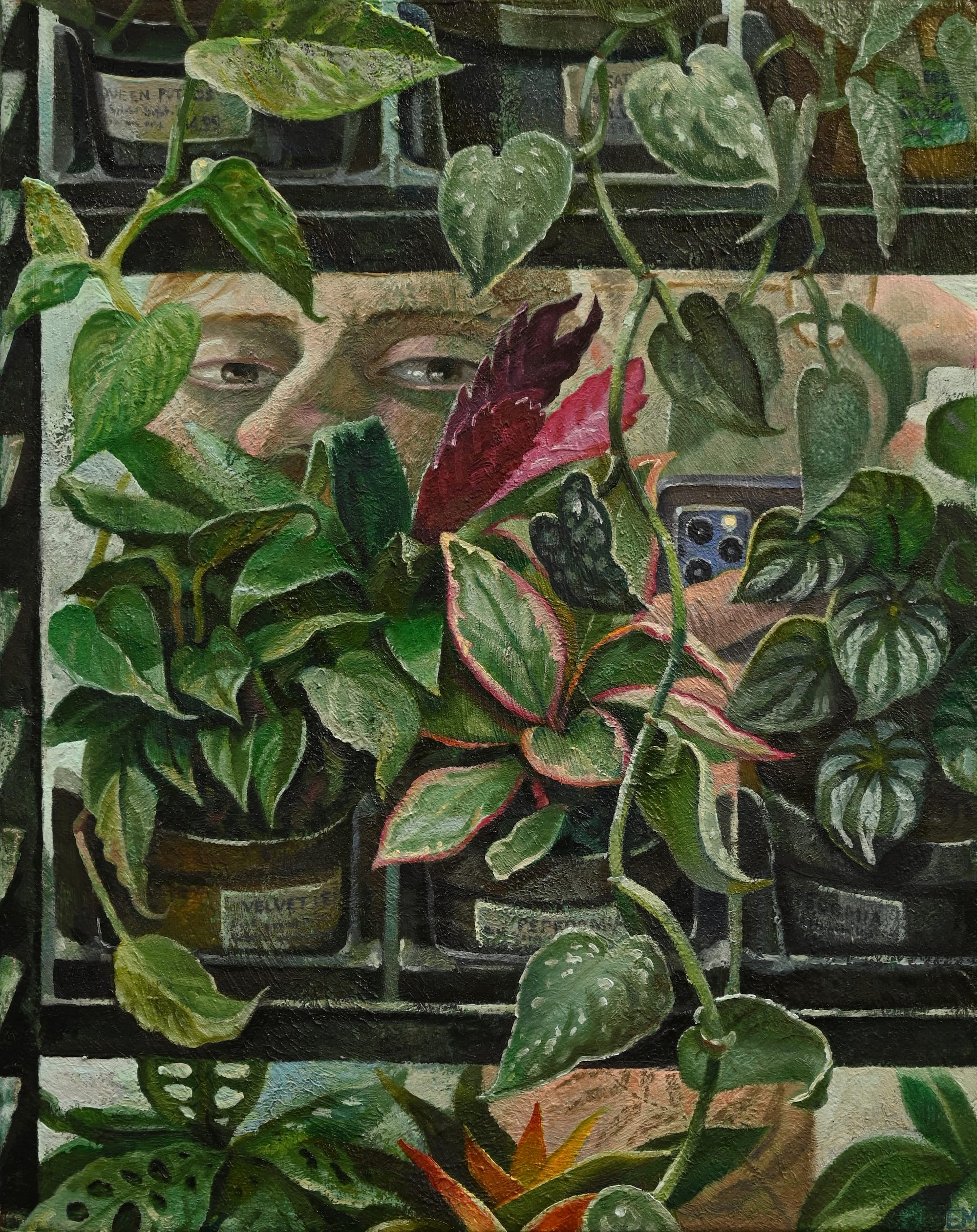 a painting by Erin Milez of a face obscured by plants in the foreground